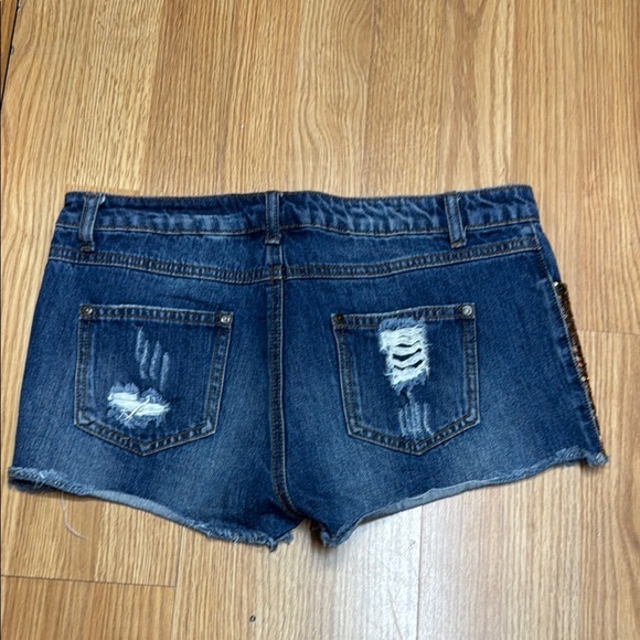 SSPARKLE.  Gold and Blue Sequin Jean Shorts with Frayed Hem - Picture 2 of 4